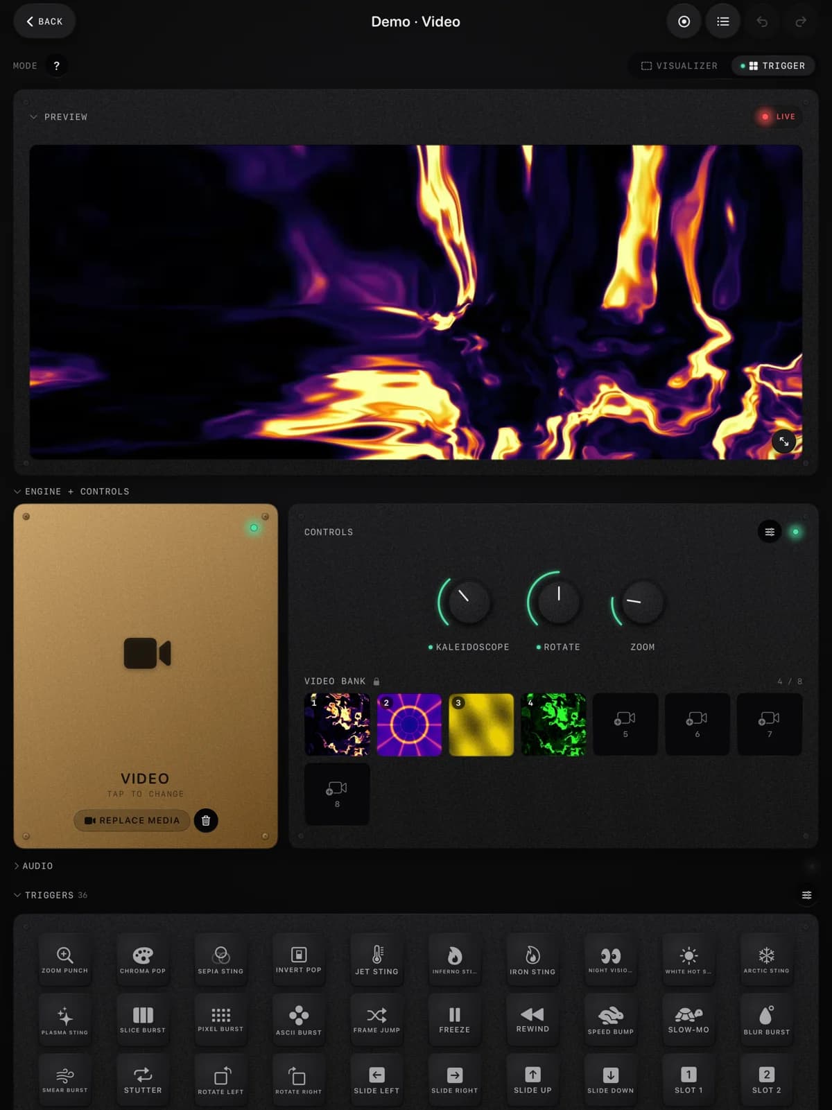 ImmerGround on iPad in Trigger mode: a fiery inferno clip in the live preview, the brass Video engine tile, a video bank of four clips and 36 trigger pads